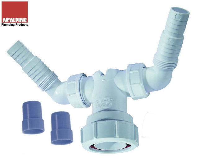 McAlpine V33WM Twin Connector for plumbing two domestic appliance discharge hoses into Standpipe Trap (Dishwasher & Washing Machine)