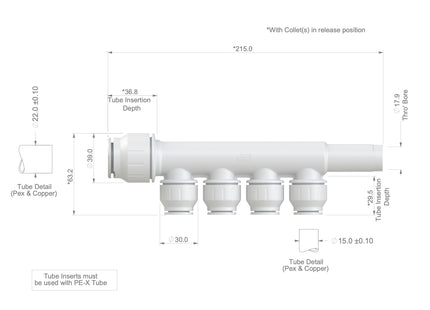 John Guest Speedfit 22mm x 15mm 4 Port Manifold With Stem PEM582215CW
