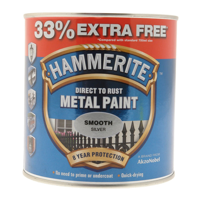 Hammerite Direct to Rust Smooth Metal Paint Silver 750ml + 33% Extra Free 5158234