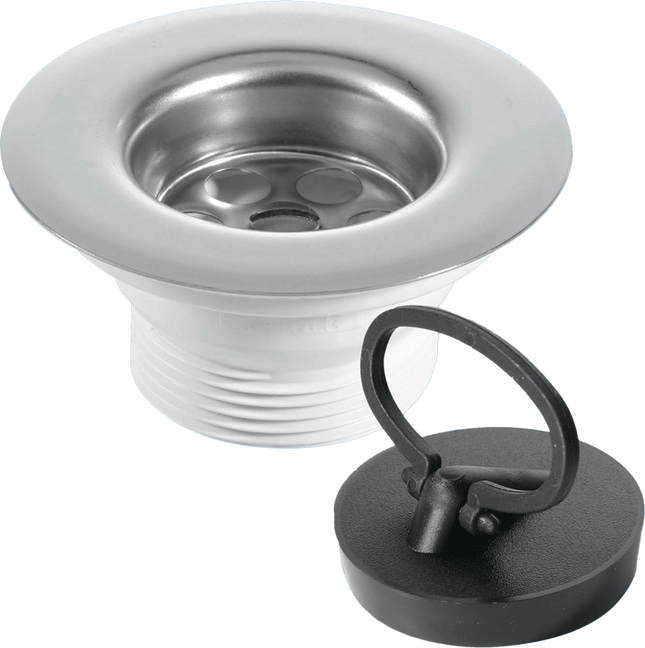 McAlpine BSW6PR Centre Pin Sink Waste: 85mm Stainless Steel Flange with Black PVC Handle Plug