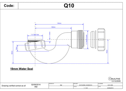 McAlpine Q10 1½" 19mm Water Seal Multifit Outlet Bath Trap