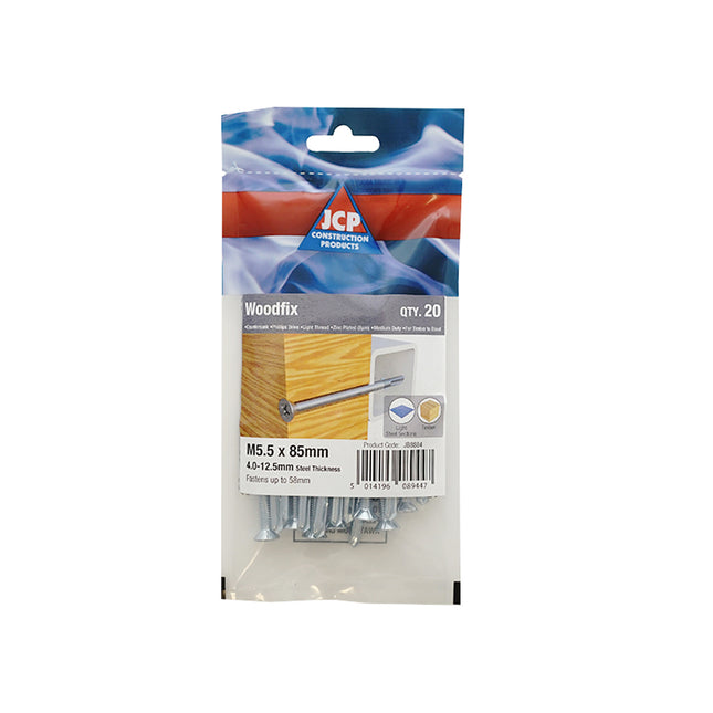 JCP Fixings Woodfix Self-Drilling Screws Heavy Section DIN 7504P Bright Zinc Plated - 5.5 x 85mm (Box of 100)