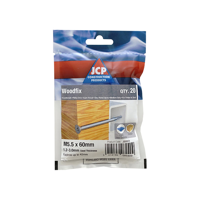 JCP Fixings Woodfix Self-Drilling Screws Light Section DIN 7504P Bright Zinc Plated - 5.5 x 50mm (Box of 150)