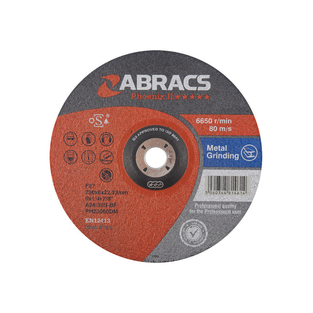 Abracs Phoenix Ii Depressed Centre Metal Grinding Disc - 230 x 6.8 x 22mm (Box of 25)
