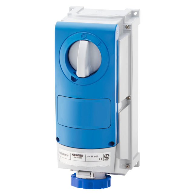 Gewiss Vertical Fixed Interlocked Socket Outlet - For Heavy-Duty Use - 2P+E 63A 200 - 250V - 50/60Hz 6H - Ip66