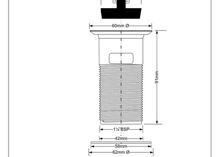 McAlpine BSW12T 1¼" Black Plastic Slotted Basin Waste - Backnut Model: 60mm Stainless Steel Flange x 3½" Tail with Black PVC Plug