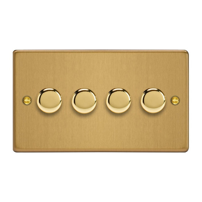 Varilight 4-Gang 2-Way V-Pro Push On/Off Rotary Led Dimmer 4 X 0-120W (Twin Plate) Brushed Brass