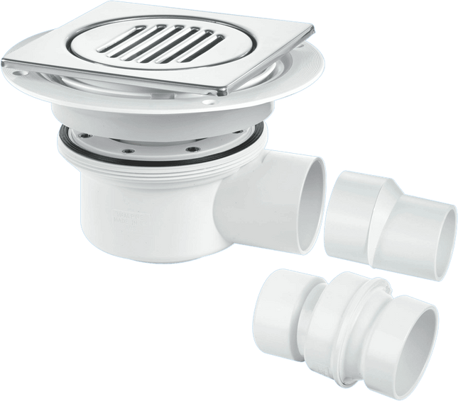 McAlpine TSG52-T150SS Two Piece 50mm Water Seal Trapped Gully, Tile/Grating with removable Grid, 2" Horizontal Outlet and 2" x 1½" Socket Reducer