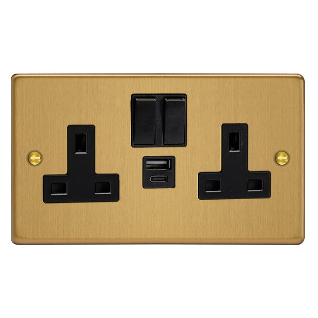 Varilight Double Socket With 20W Shared Usb A & C Charging Ports Brushed Brass