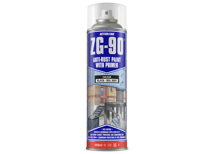 Action Can ZG-90 Anti-Rust Paint Satin Finish Black 500ml - Q99ZG90SAT500015BLA - Protects Metal Surfaces