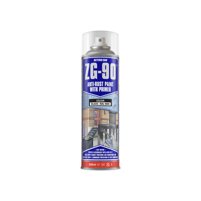 Action Can ZG-90 Anti-Rust Paint Satin Finish Black 500ml - Q99ZG90SAT500015BLA - Protects Metal Surfaces