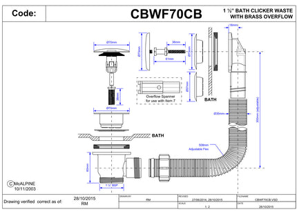 McAlpine Chrome Plated Combined Clicker Bath Waste & Overflow with Centre Pin 1.5''    CBWF70CB