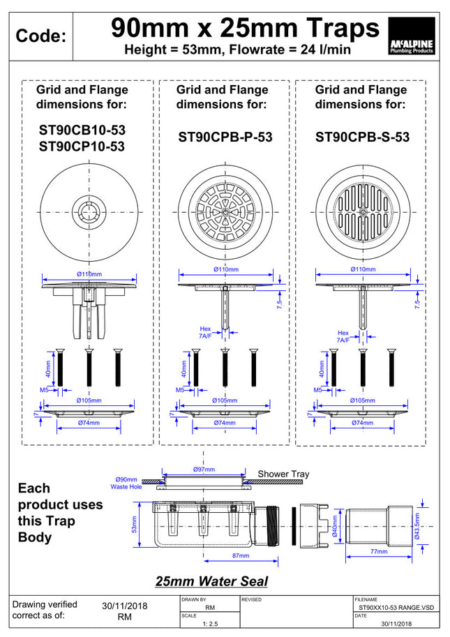 McAlpine ST90CPB-S-53 90mm Shallow Shower Trap - 53mm High