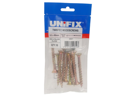 Unifix Twistec Woodscrews Countersunk Head ZYP Tx40 - 8.0 x 80mm (Box of 50)