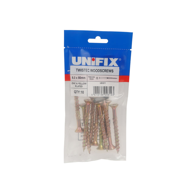 Unifix Twistec Woodscrews Countersunk Head ZYP Tx40 - 8.0 x 200mm (Box of 30)