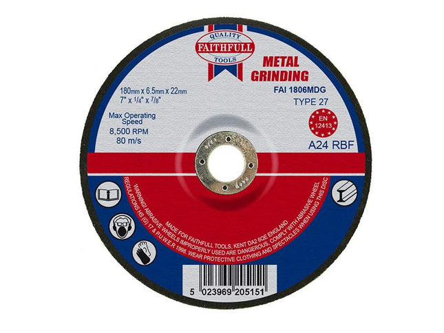 Faithfull Depressed Centre Metal Grinding Disc 180 X 6.5 X 22.23Mm