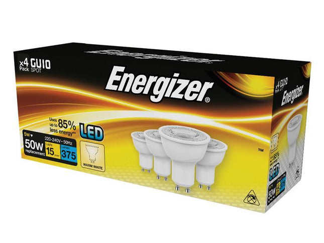 Energizer LED GU10 50¡ Non-Dimmable Bulb, Warm White 375 lm 5W (Pack 4)