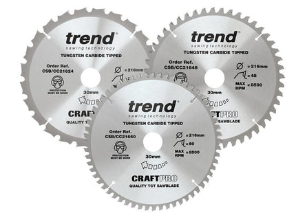 TREND CraftPro Mitre Saw Blade 216 x 30mm x 24T/48T/60T (Pack 3)