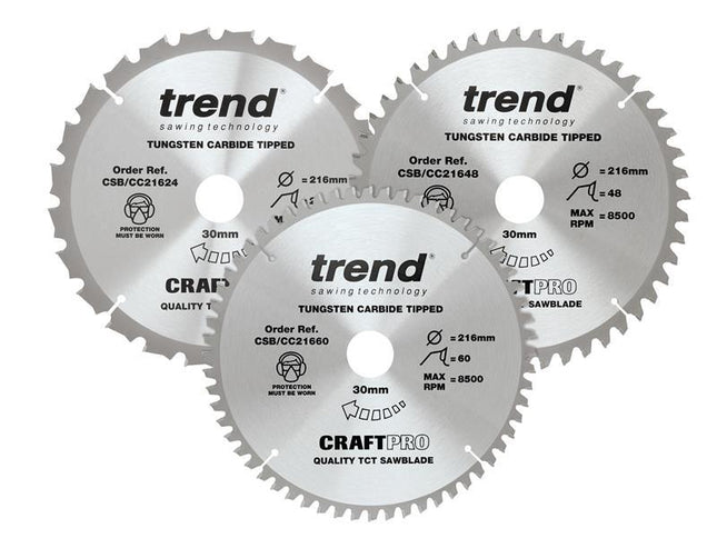 TREND CraftPro Mitre Saw Blade 216 x 30mm x 24T/48T/60T (Pack 3)