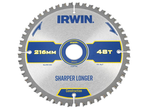 IRWIN Construction Mitre Circular Saw Blade 216 X 30Mm X 48T Atb/Neg M