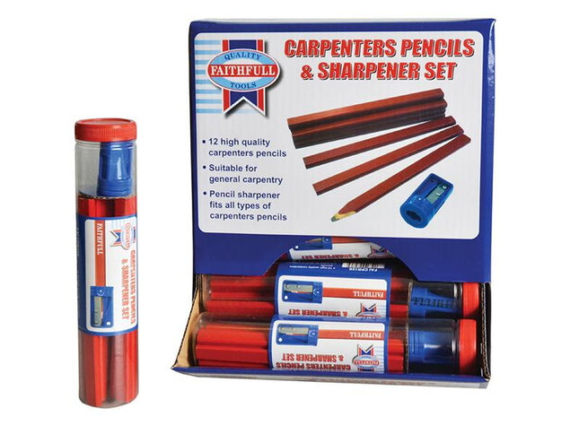 Faithfull Carpenters Pencils Red (12 X Tubes Of 12 + Sharpener)