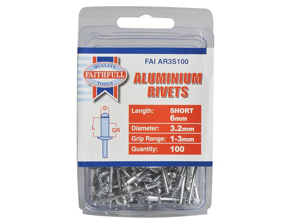 Faithfull Aluminium Rivets 3.2Mm X 6Mm Short Pre-Pack Of 100