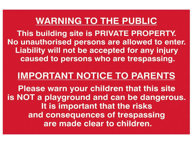 Scan Building Site Warning To Public And Parents - Pvc 600 X 400Mm