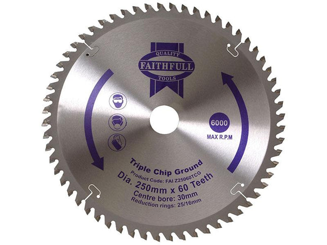 Faithfull Tct Circular Saw Blade Triple Chip Ground 250 X 30Mm X 60T Neg