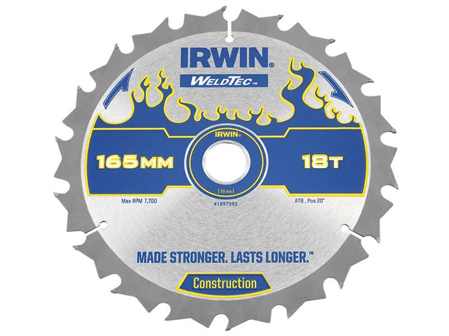 IRWIN Weldtec Cordless Circular Saw Blades 165 X 20Mm X 18T Atb