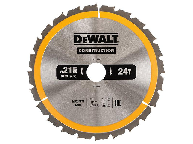 DEWALT Dt1952 Stationary Construction Circular Saw Blade 216 X 30Mm X 24T Atb/Neg