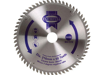 Faithfull Tct Cross Cut Mitre Saw Blade 216 X 30Mm X 60T Neg