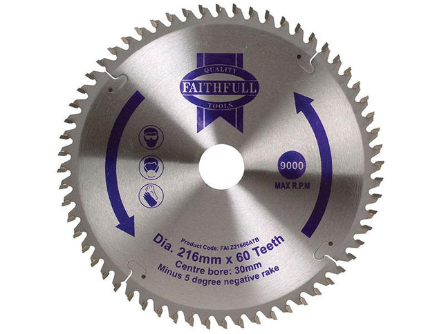 Faithfull Tct Cross Cut Mitre Saw Blade 216 X 30Mm X 60T Neg