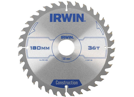 IRWIN Construction Circular Saw Blade 180 X 30Mm X 36T Atb