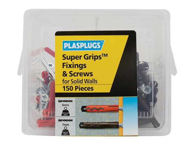 PLASPLUGS Super Grips Fixings & Screws Kit For Solid Walls, 150 Piece