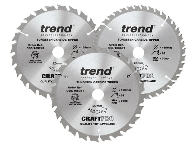 TREND CraftPro Cordless Saw Blade 165 x 20mm x 24T/40T (Pack 3)