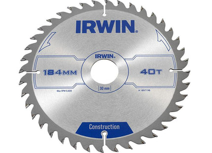IRWIN Construction Circular Saw Blade 184 X 30Mm X 40T Atb