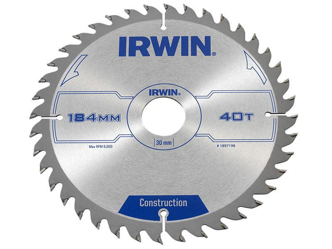 IRWIN Construction Circular Saw Blade 184 X 30Mm X 40T Atb