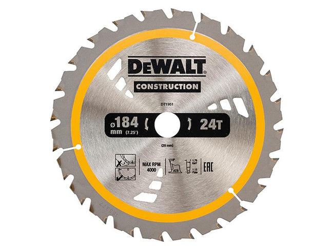 DEWALT Cordless Construction Trim Saw Blade 184 X 20Mm X 24T