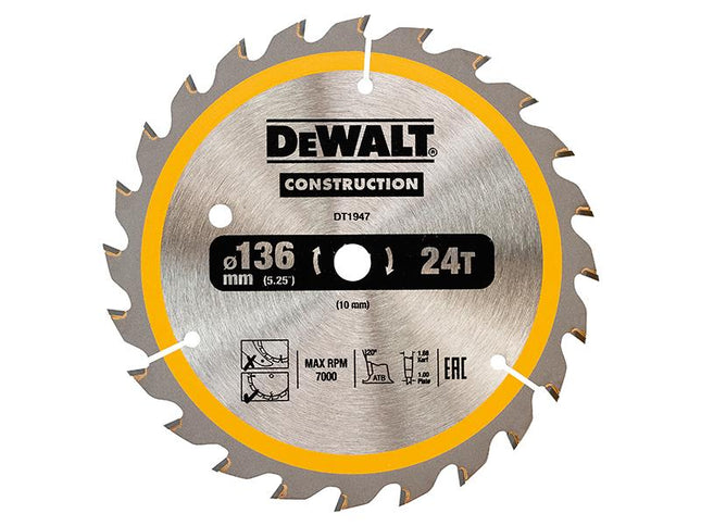 DEWALT Cordless Construction Trim Saw Blade 136 X 10Mm X 24T