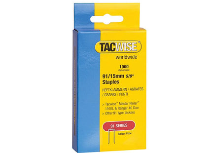 Tacwise 91 Narrow Crown Staples 15Mm - Electric Tackers Pack 1000