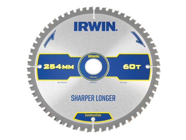 IRWIN Construction Mitre Circular Saw Blade 254 X 30Mm X 60T Atb/Neg