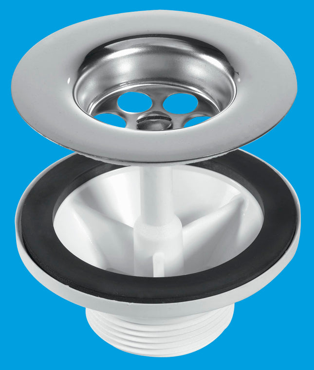 McAlpine BSW6CP2H 1½" Centre Pin Sink Waste: 85mm Stainless Steel Flange: Waste for Belfast Sink: Chrome Plated Handle Plug