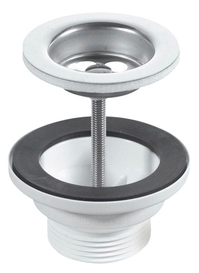 McAlpine BSW1PC 60mm Stainless Steel Flange Centre Pin Basin Waste with Black PVC Plug, CP chain and stay 1¼"