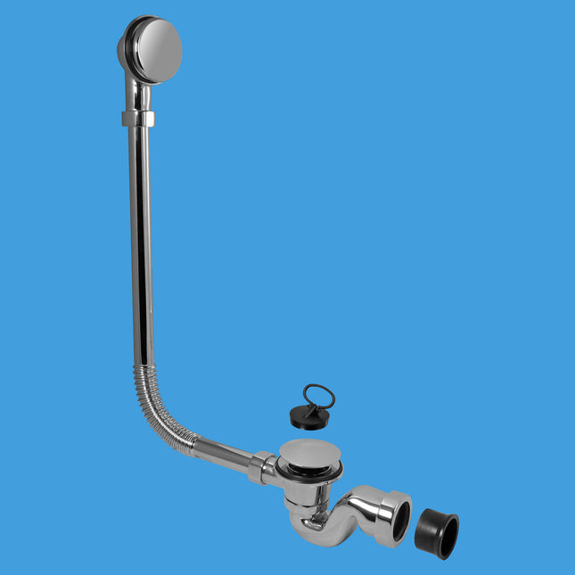 McAlpine BRASSTRAP-25-CP 1½" Chrome Plated Brass Trap, Chrome Plated Brass Combined Waste and Overflow with 70mm Spring-Loaded Mushroom Plug and matching Overflow Face