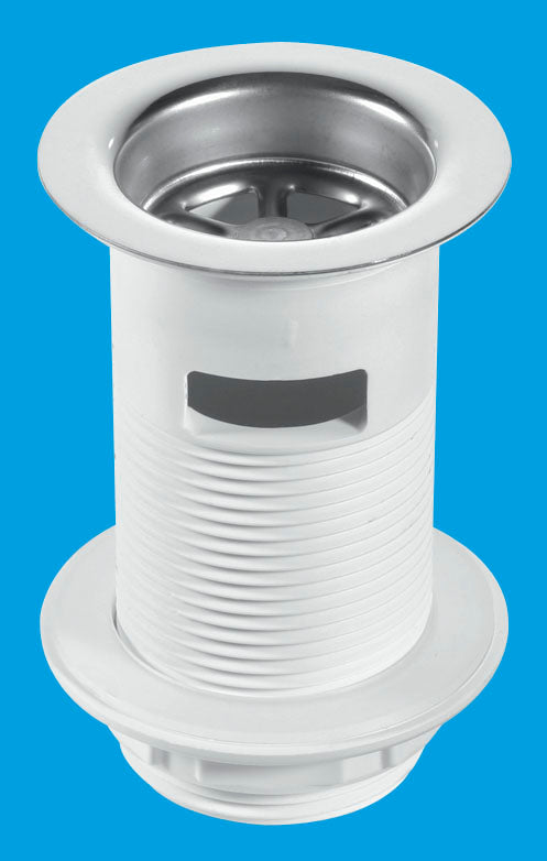 McAlpine BSW1 1¼" White Plastic Basin Waste - Backnut Model: 60mm Stainless Steel Flange x 3½" Tail with Black PVC Plug