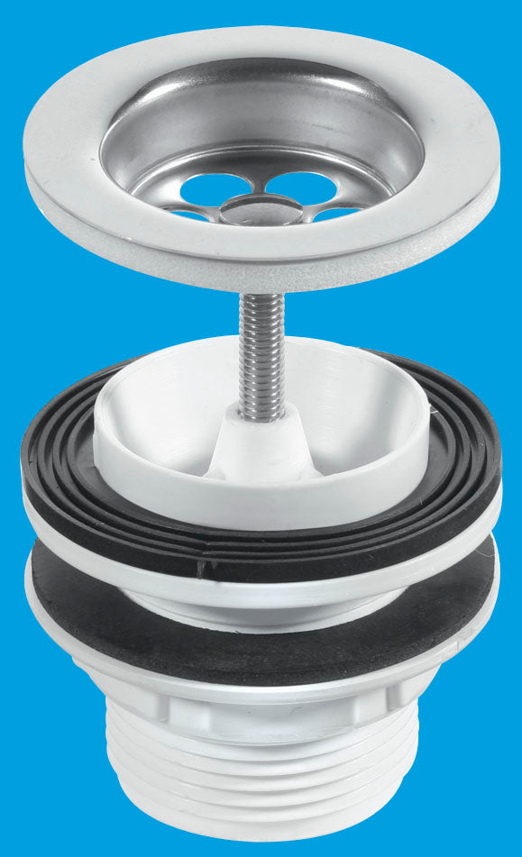 McAlpine BSW11P 1¼" x 60mm Stainless Steel Flange Centre Pin Basin Waste: Backnut and Washer for basin bracket if required and Black PVC Plug