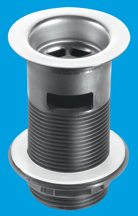 McAlpine BSW12T 1¼" Black Plastic Slotted Basin Waste - Backnut Model: 60mm Stainless Steel Flange x 3½" Tail with Black PVC Plug