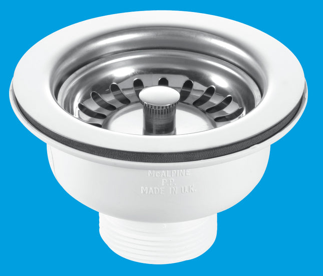 McAlpine BSWCLS 1½" Basket Strainer Waste: 113mm Stainless Steel Flange: Spring-Loaded Plug: Centre Pin Model