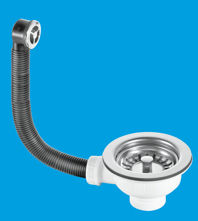 McAlpine BSWCLS-OFSS 1½" Basket Strainer Waste and Overflow: 113mm Stainless Steel Flange: Spring-Loaded Plug: Chrome Plated Overflow Grid: Centre Pin Model