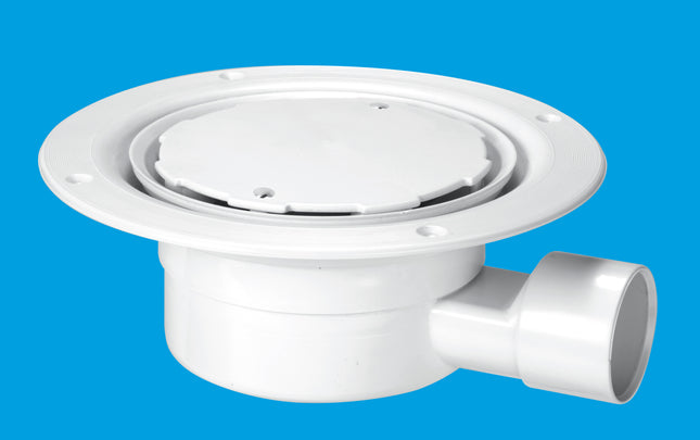 McAlpine VSG1WH-NSC Valve Shower Gully, White Plastic Clamp Ring and Cover Plate, 1½" Horizontal Outlet